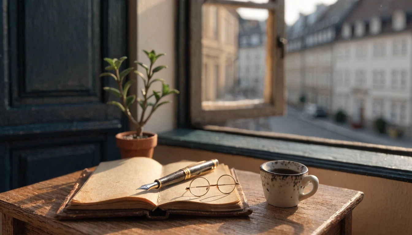 Schreibtisch mit aufgeschlagenem Notizbuch, Füllfederhalter und Kaffeetasse im warmen Nachmittagslicht.