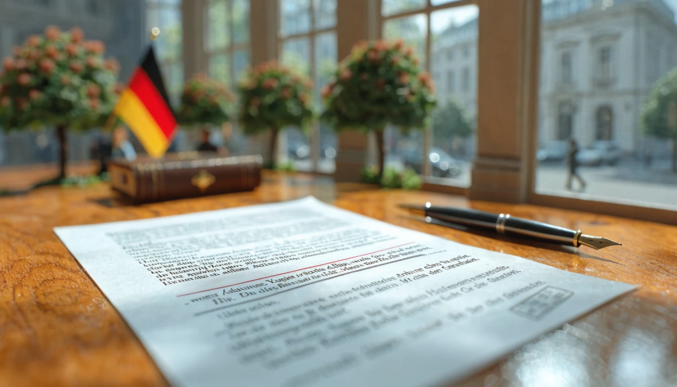 Rechtsdokument auf einem Schreibtisch in einem deutschen Büro mit Kugelschreiber und Lederordner.