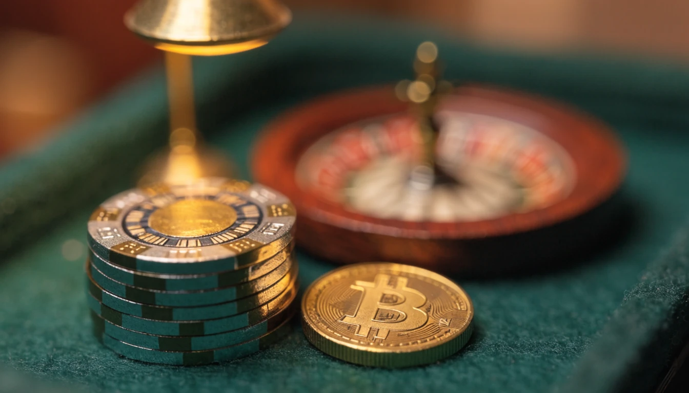 Stack aus Casino-Chips und Bitcoin-Cash-Münze auf grünem Filz-Tisch mit Roulette im Hintergrund.