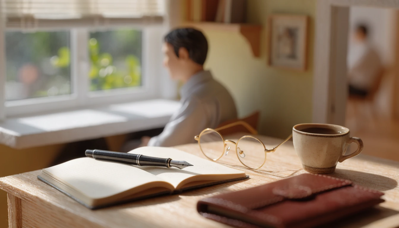 Schreibtisch mit Notizbuch, Füllfederhalter, Lesebrille und Kaffeetasse am Fenster