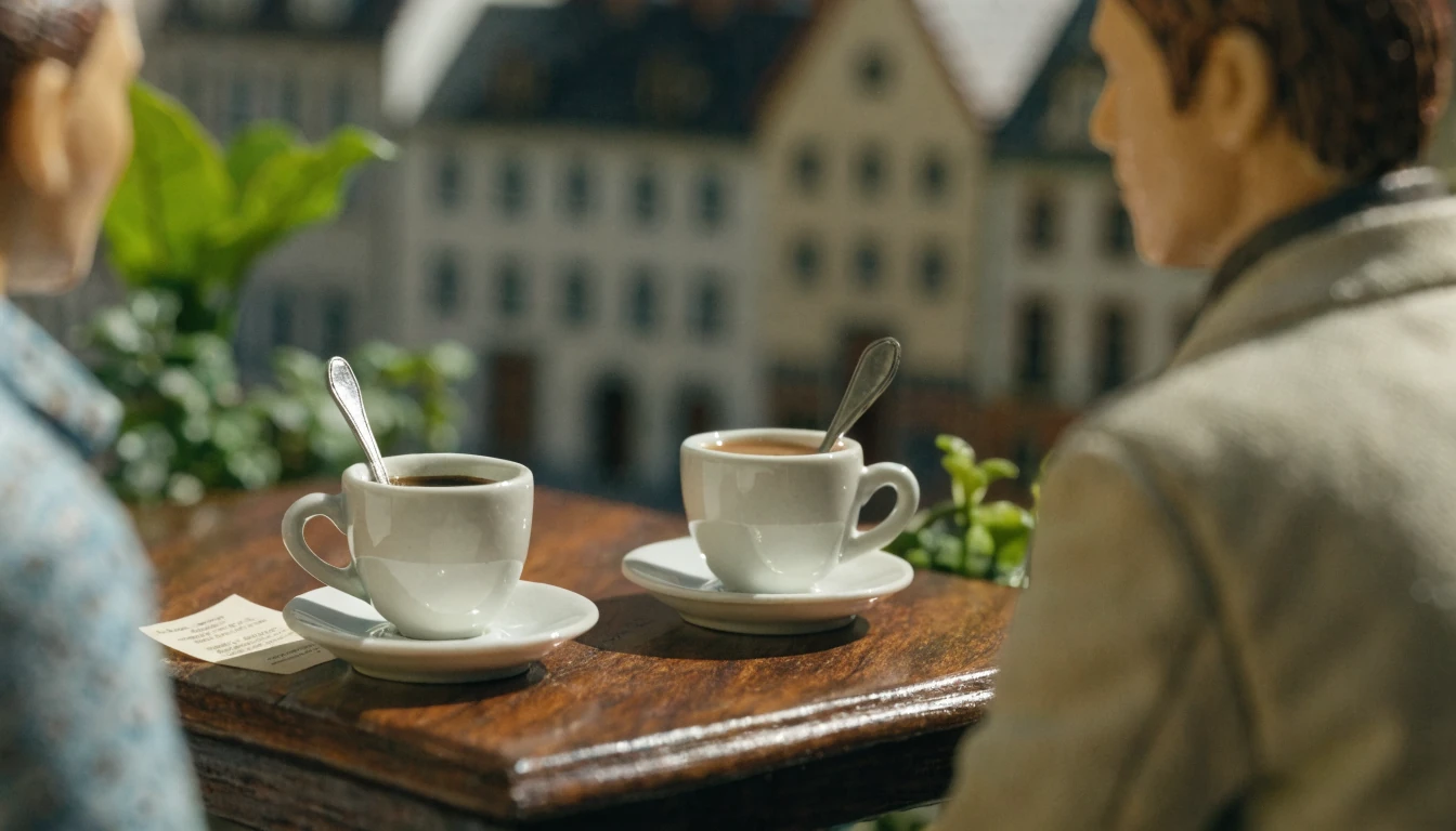 Zwei Kaffeetassen mit einer Notiz auf einem Holztisch im Café.