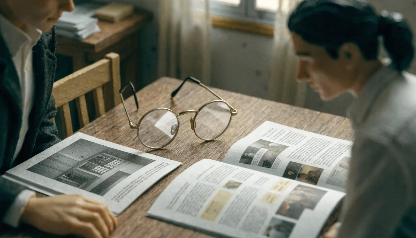 Zwei geöffnete Broschüren mit Lesebrille auf einem Tisch.