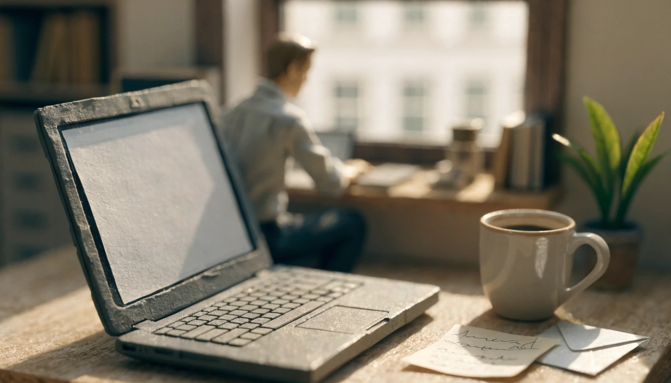 Schreibtisch mit Laptop, Kaffeetasse und Umschlag im Tageslicht